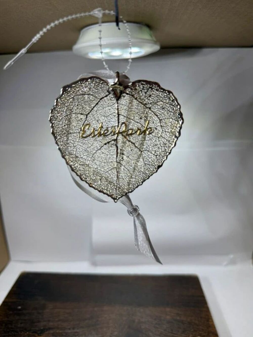 Silver-dipped real Aspen leaf ornament customized for Estes Park, Colorado.